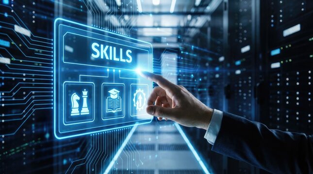 Hand touching digital screen with SKILS and icons for strategy education and success in server room - Powered by Adobe