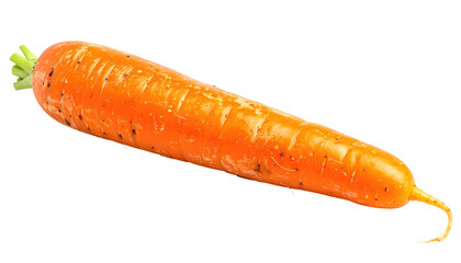 A bright orange carrot with leafy greens at the top, isolated on a dark background