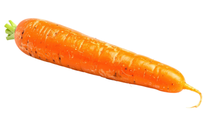 A bright orange carrot with leafy greens at the top, isolated on a dark background
