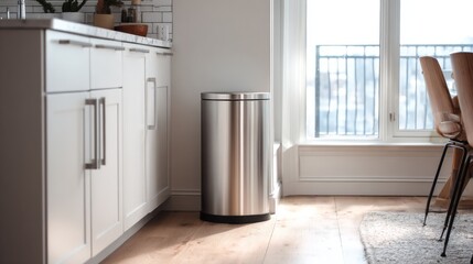 Modern kitchen interior with stainless steel trash can beside white cabinetry, featuring natural light from large window and elegant wooden floor