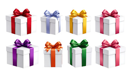 A collection of white gift boxes, each tied with a vibrantly colored satin ribbon and bow, on a black background