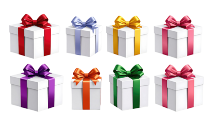 A collection of white gift boxes, each tied with a vibrantly colored satin ribbon and bow, on a black background