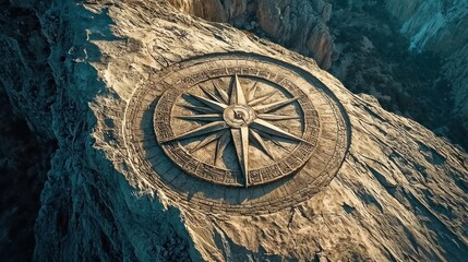 Ancient Compass Rose Carving on Weathered Stone Surface, Nautical Theme.