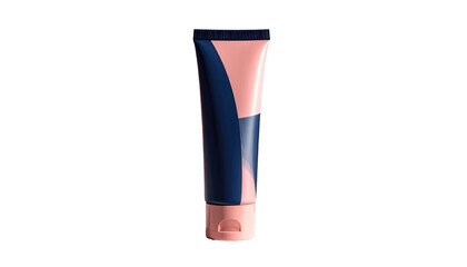 A pink and navy cosmetic tube stands against a stark black background, showcasing its sleek and curved design