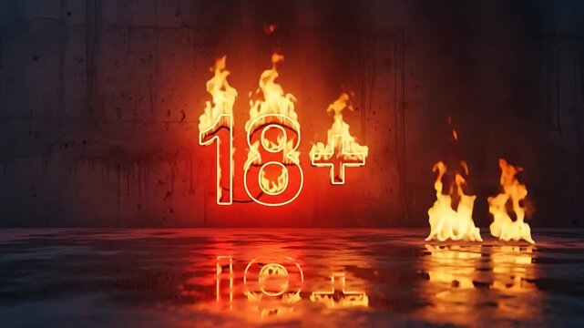 Fiery 18 plus neon sign with dynamic flames on concrete surface illuminating the darkness.