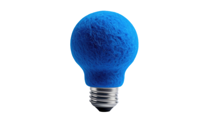 A bright blue, fuzzy lightbulb on black. Texture covers the bulb, highlighting creativity and potential energy use