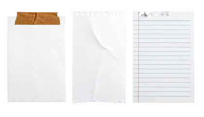 Three paper sheets - blank, torn, and lined - arranged side-by-side on a black background