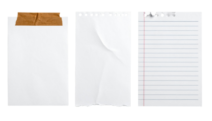 Three paper sheets - blank, torn, and lined - arranged side-by-side on a black background