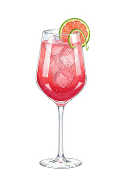 high-quality watercolor illustration of a vibrant pink effervescent ros&eacute; spritz cocktail in a tall angular glass with sparkling ice and lime zest on a transparent studio background. concept for