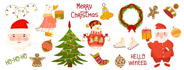 Cute winter clip art set with Santa Claus, duck, snowman, gingerman, Christmas tree, wreath, lettering and decorations. Cozy festive elements for card, invitation, poster, sticker