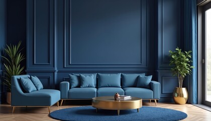 Obraz premium Modern blue living room with sofa, armchair, gold round coffee table. Elegant wall panels, plush blue rug, green plants, drapes create luxurious cozy home interior design. Sunny apartment chic