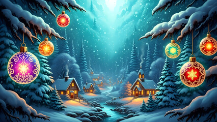 Enchanting winter wonderland scene with glowing christmas ornaments hanging over a snowy village and forest at night