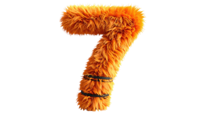 Fuzzy number seven, orange and textural, with dark bands around the middle, against a black background