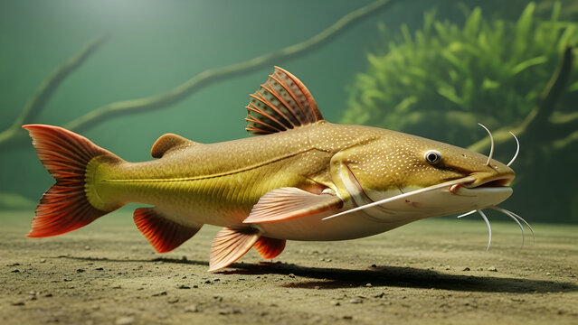 Realistic 3d rendering of a redtail catfish phractocephalus hemioliopterus swimming in a murky river bottom environment with aquatic plants in the background