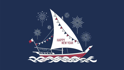 Stunning stylized Dhow boat celebration with fireworks wishes happy new year over deep blue sea waves
