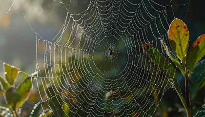 Delicate spiderweb glistening with dew in early morning light.