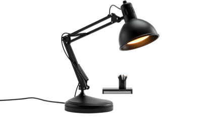 A sleek, modern black adjustable desk lamp with a warm light illuminates a small clamp-on base. It?s positioned against a stark black backdrop