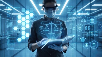 Person in protective gear interacts with holographic scales of justice and medical icons in futuristic lab