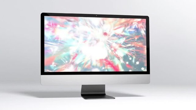 A modern desktop computer with a colorful abstract display against a neutral gray-white backdrop