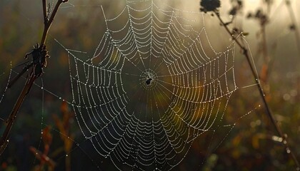 Intricate spiderweb covered in morning dew in a field.
