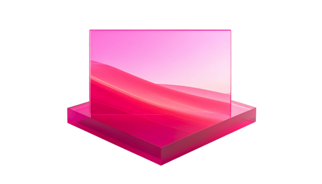 A translucent, layered composition featuring a vibrant magenta and pink color scheme. A geometric cube rests atop a smaller rectangular base, offering depth - Powered by Adobe