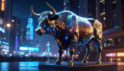 Futuristic Robotic Bull Statue in a Neon Lit Cyberpunk City.
