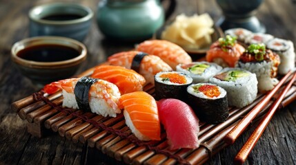 Fresh Sushi Platter with Colorful Rolls, Slices, and Garnishes Served on a Wooden Tray with Soy Sauce and Green Tea in a Japanese Setting