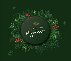 Merry christmas green pine leaf, greeting card poster design on dark green background