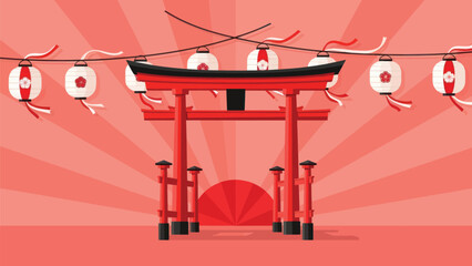 Stunning vibrant red torii gate welcomes visitors under traditional Japanese lanterns during a festival celebration