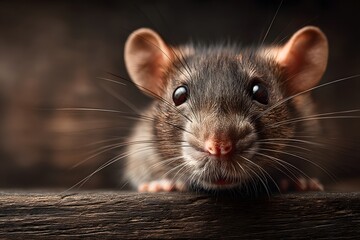 Close up of a brown rat peeking over a wooden surface Image