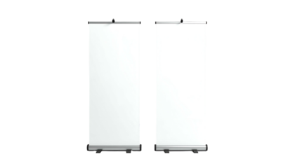 Two rectangular white vertical displays, possibly for advertisement or information, on stands, side-by-side against black background