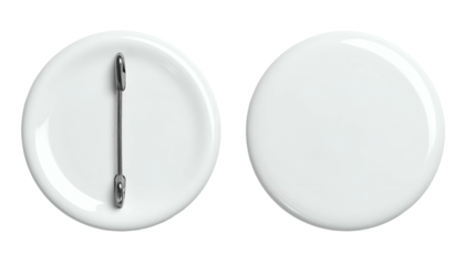 Two white, circular pins, one displaying the pin-back clasp. Each pin reflects light. The pins' smooth surfaces contrast their black background