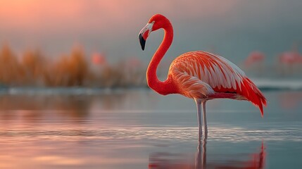 Flamingo Standing in Shallow Water at Sunset bird lake Image