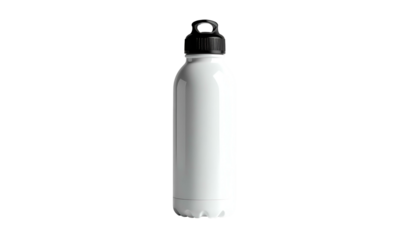 A white insulated water container with a black lid and built-in spout is centered on a black background