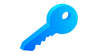 A 3D illustration of a blue key against a black background. The key has a gradient effect and is slightly angled