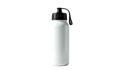 A cylindrical, white insulated beverage container with a black lid and carrying loop. It is shown against a dark, featureless backdrop