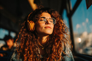A young woman enjoys music through headphones while traveling on public transport.