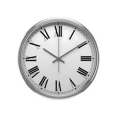 Classic analog clock with Roman numerals and silver frame isolated on a transparent background