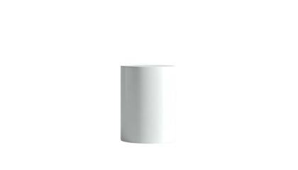 A cylindrical object, white and glossy, stands alone against a stark black background. It is a simple, modern design