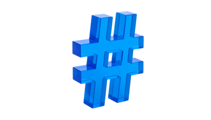 A 3D render of a blue hashtag symbol. It appears transparent, with reflective light on the edges, against a black background