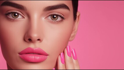 Close-up portrait of woman with glossy pink nails and matching lipstick on pastel pink background, beauty and fashion concept - Powered by Adobe