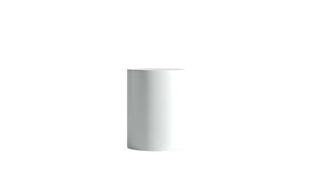 A cylindrical object, white and glossy, stands alone against a stark black background. It is a simple, modern design