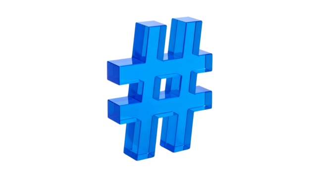 A 3D render of a blue hashtag symbol. It appears transparent, with reflective light on the edges, against a black background - Powered by Adobe