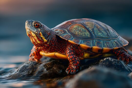 Turtle with Colorful Shell on Rocks Near Water reptile Image