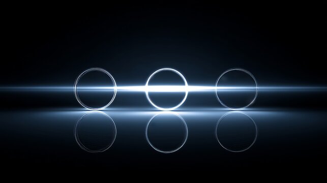 Symmetrical Triple White Rings Intersected by Horizontal Glow Beam, Reflections on Glossy Dark Surface