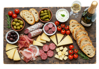 overhead view of a rustic dark walnut charcuterie board, highly textured and abundantly laden with gourmet antipasto meats, cheeses, olives, and wine on white. concept for luxury commercial food