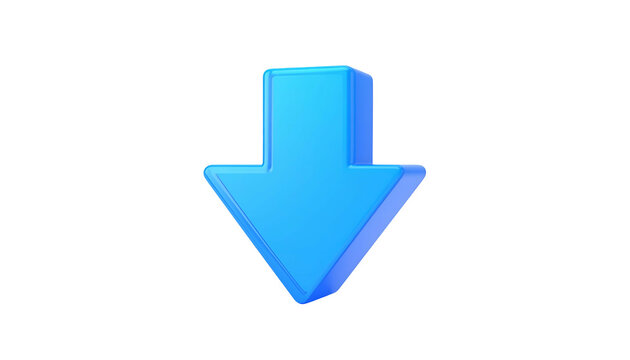 A vibrant, three-dimensional, light-blue arrow pointing downwards on a stark black backdrop. Smooth rendering and slight highlighting