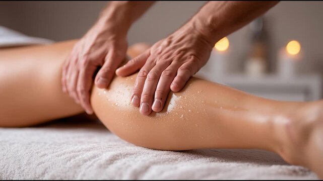 Close-up of professional leg massage with oil on female client in spa setting focused on muscle relaxation and wellness