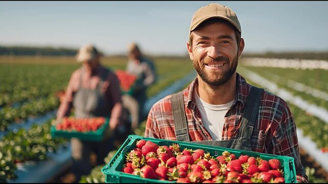 Smiling farmer holding a crate of freshly harvested strawberries with farm workers in background on sunny day in strawberry field