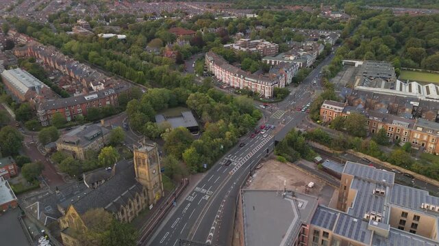Newcastle upon Tyne: 8th August 2025: Drone view of Jesmond Road with Metro Station. Westend of Newcastle skyline